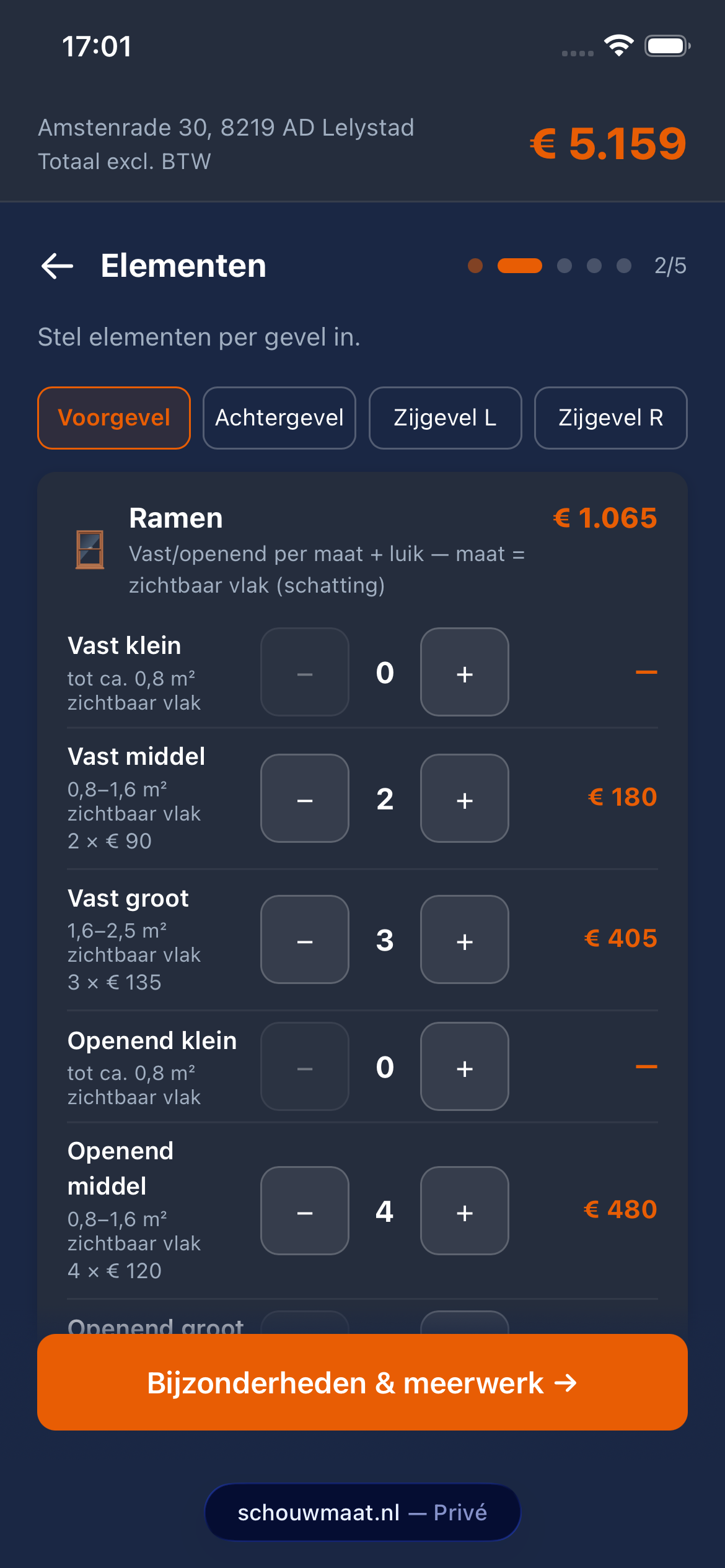 SchouwMaat-scherm Elementen: ramen per gevel instellen met stappen en subtotaal.