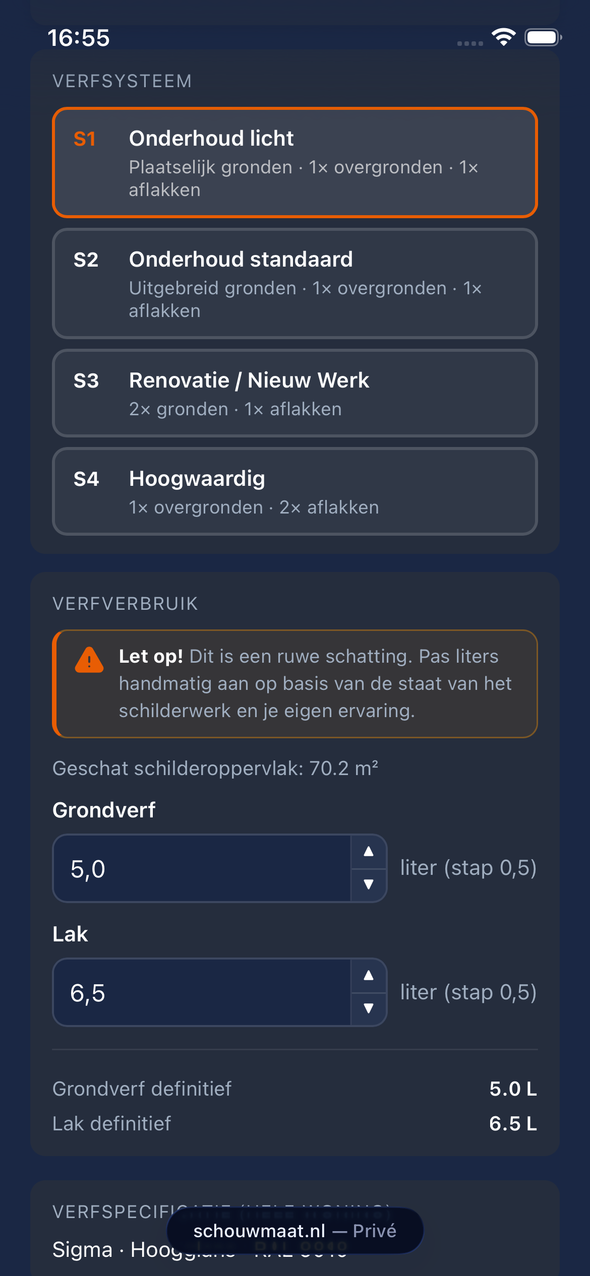 SchouwMaat-scherm verfsysteem en geschat verfverbruik in liters.