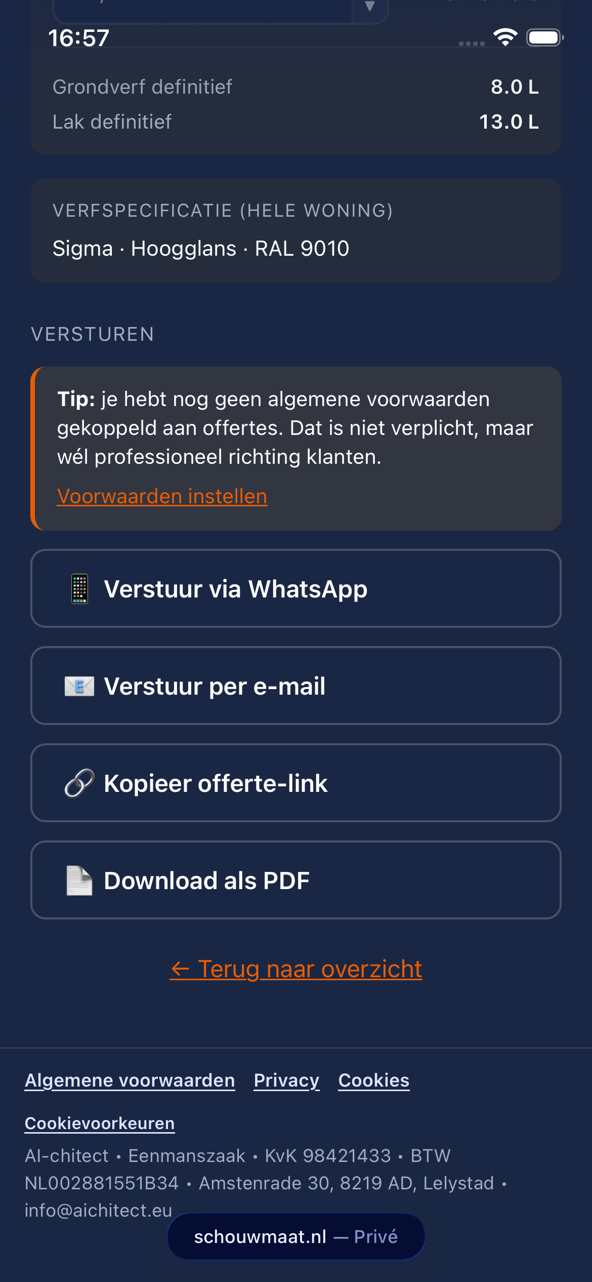SchouwMaat-scherm samenvatting: versturen via WhatsApp of e-mail, link kopiëren, PDF downloaden.