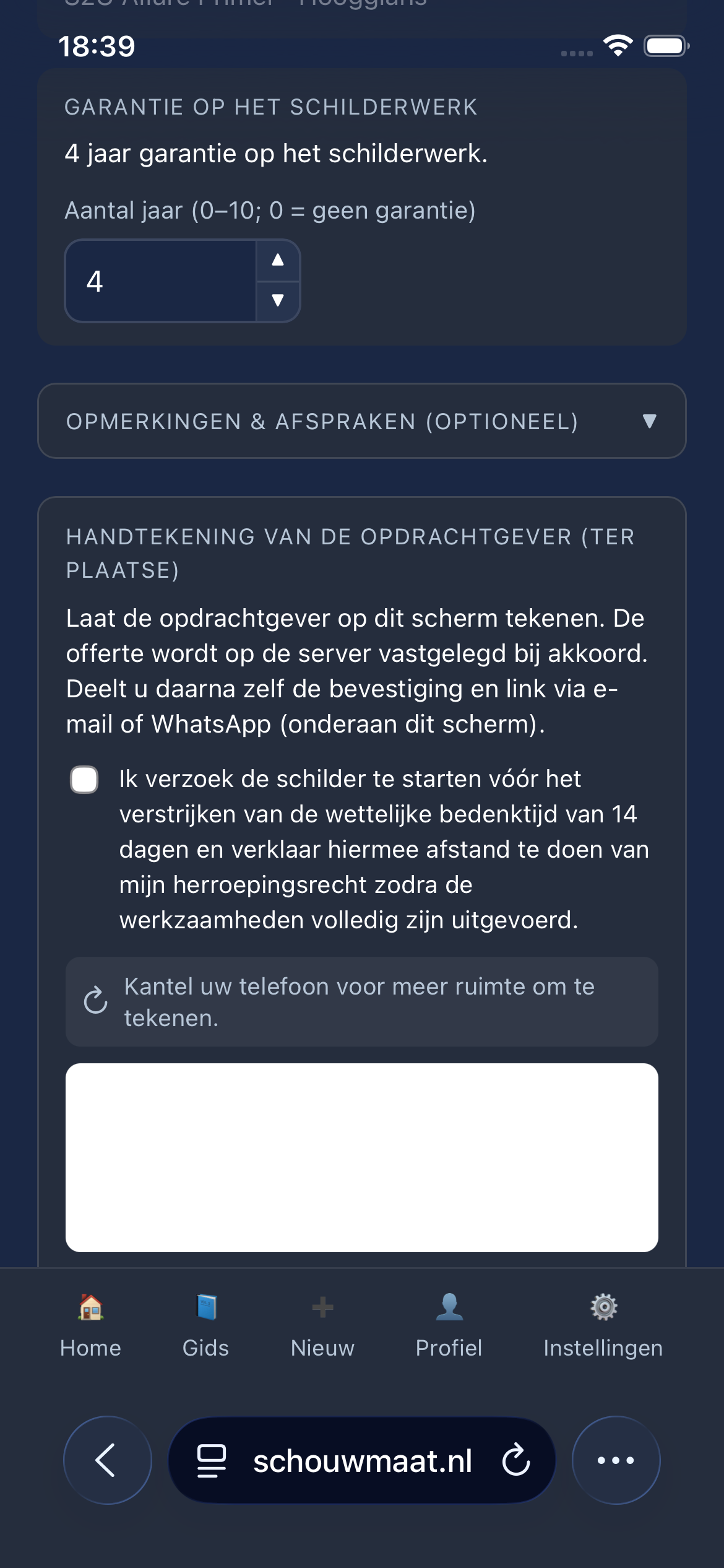 SchouwMaat-scherm: handtekening ter plekke op de telefoon